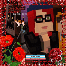 a picture of a minecraft character surrounded by red flowers and the words cassie rose my beloved