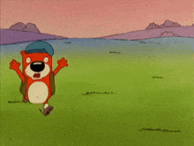 a cartoon otter wearing a blue hat is running through a grassy field