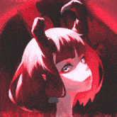 a girl with red hair and horns looks up at something