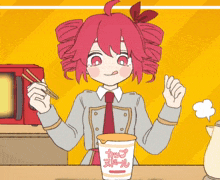 a girl with red hair is eating noodles from a cup with chinese writing on it
