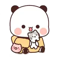 a cartoon panda bear holding a cat and a pig