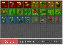 a display of plants in a game with a delete button