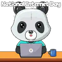 a panda bear is sitting at a table with a laptop and a cup of coffee in a cartoon for national internet day