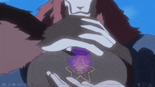 a cartoon of a lion holding a purple object with an eye on it