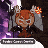 a peeled carrot cookie holding a trident and a devil horn