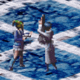 a pixel art of two people standing next to each other on a blue tiled floor