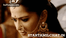 a close up of a woman 's face with the words starttamilchat.in below