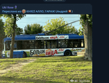 a blue and white bus is parked in a grassy field