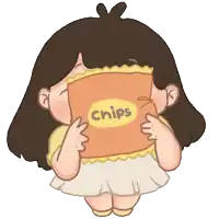 a girl holding a bag of chips in front of her face