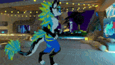 a furry character is standing in a room with a sign that says ' tropicana resort ' on it