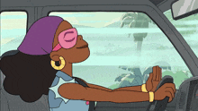 a cartoon of a woman wearing sunglasses and a purple hat driving a car