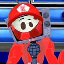 a cartoon character wearing a red hat is holding a microphone