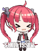 a pixel art illustration of a girl with red hair and the words skill issue written below her .