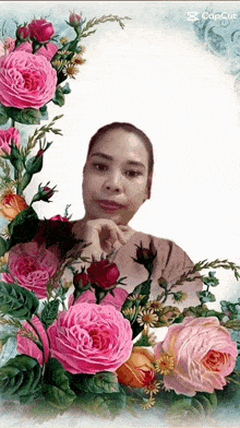 a picture of a woman surrounded by pink roses with the caption capcut on the bottom