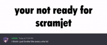 a screenshot of a discord conversation between velzie and someone named scramjet