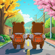 two teddy bears with backpacks are walking down the street