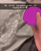 a drawing of a purple animal with the words my animal just popped on me i 'm logging off yall