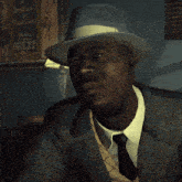 a close up of a man wearing a hat and a suit