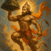 a painting of hanuman holding a tree and a hammer