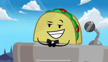 a cartoon taco wearing a bow tie and smiling with a blue sky in the background