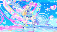 a girl with blonde hair is dancing in front of a heart shaped background