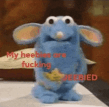 a stuffed animal with the words `` my heebies are fucking jeebied '' written on it .