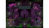 a screenshot of a video game with a purple background and a few green objects