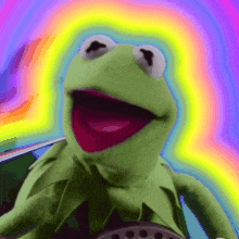 kermit the frog with a rainbow behind him