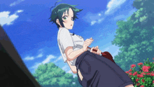 a girl with green hair and a white shirt is standing in front of a blue sky