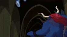 a cartoon of a woman kicking a monster with horns .