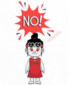a cartoon girl wearing sunglasses and a zhotcita shirt stands in front of a sign that says no