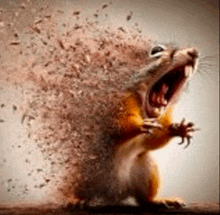 a squirrel with its mouth open is being destroyed by a explosion .