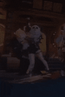 a girl is dancing with a panda bear in a cartoon scene