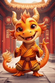 a cartoon dragon with chinese writing on the wall behind him