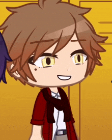 a cartoon character with brown hair and yellow eyes smiles
