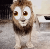 a cartoon lion with big eyes is standing in front of a fence