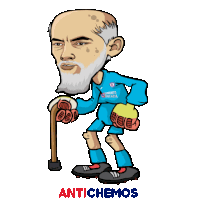 a cartoon of a man with a cane wearing a blue shirt that says cemento cruz azul