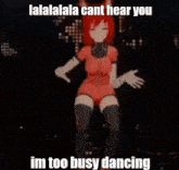 a girl in a red bodysuit is dancing in front of a black background .
