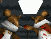 a cartoon mouse with a bandage around its neck looks at itself in a mirror