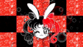 a black and white drawing of a girl with red hair and bunny ears