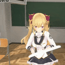 a girl in a school uniform is holding a piece of paper in front of a blackboard