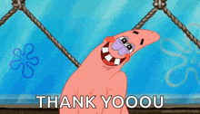 patrick star from spongebob squarepants is smiling and saying thank yoou