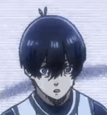 a close up of a person 's face with a ponytail and a striped shirt .