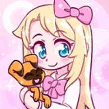 a girl with a pink bow is holding a stuffed animal in her arms .