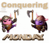 the word monday is on a poster with two purple monsters