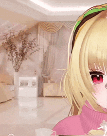 a close up of a girl 's face with a mustache in a living room