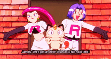 james and jessie from pokemon are standing next to a cat .
