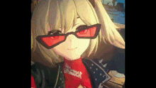 a cartoon girl wearing red sunglasses and a red shirt is smiling .