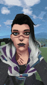 a woman with a tattoo on her face is wearing a purple and white jacket