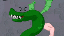 a cartoon of a green dragon with a pink leg